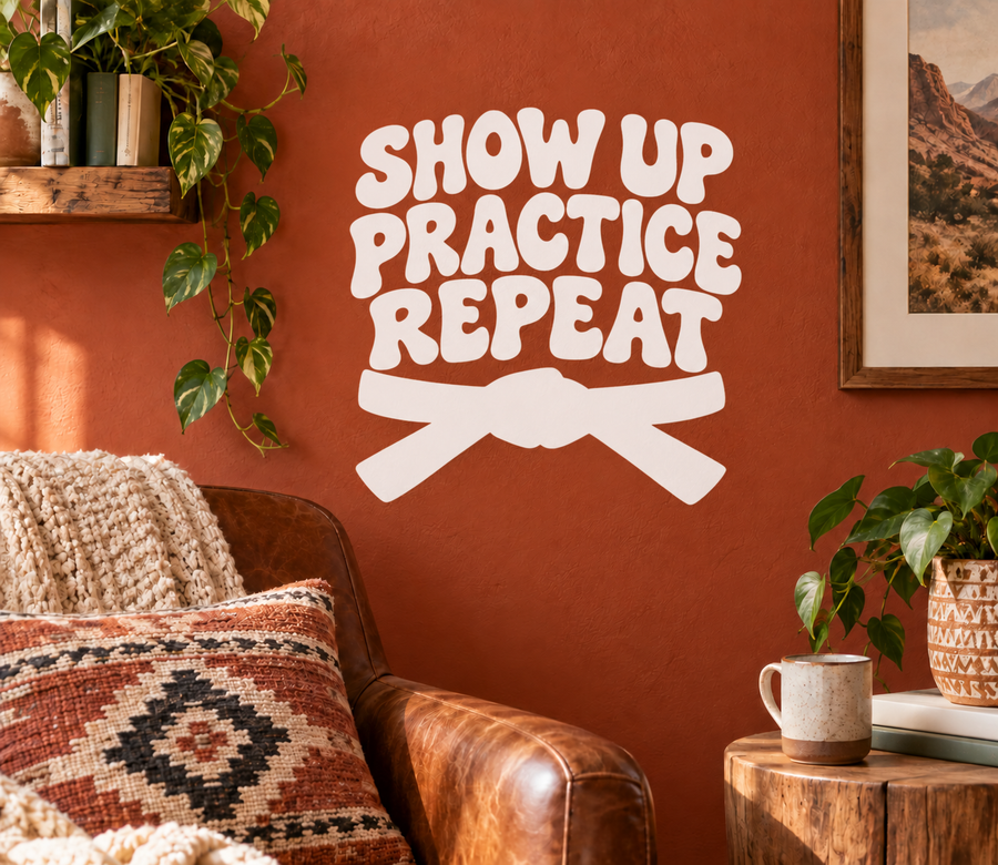 White vinyl wall decal: “SHOW UP PRACTICE REPEAT” with bow ribbon