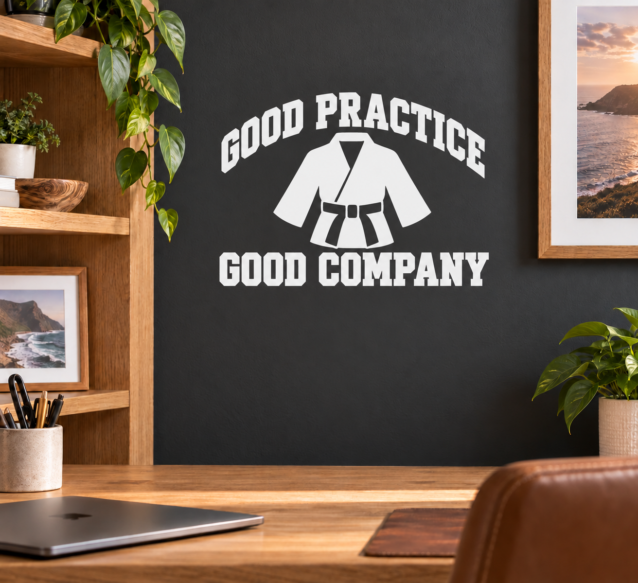 Karate uniform logo vinyl decal with arched Good Practice Good Company text