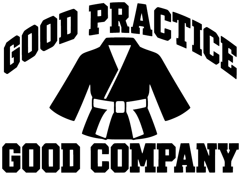 White and black karate uniform vinyl decal with Good Practice Good Company lettering