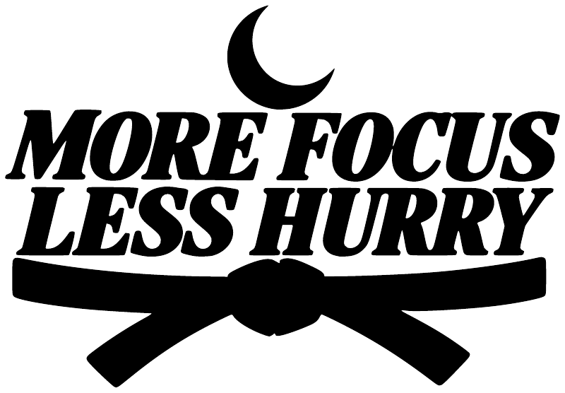 More Focus Less Hurry vinyl decal design: black text with crescent and crossed bow