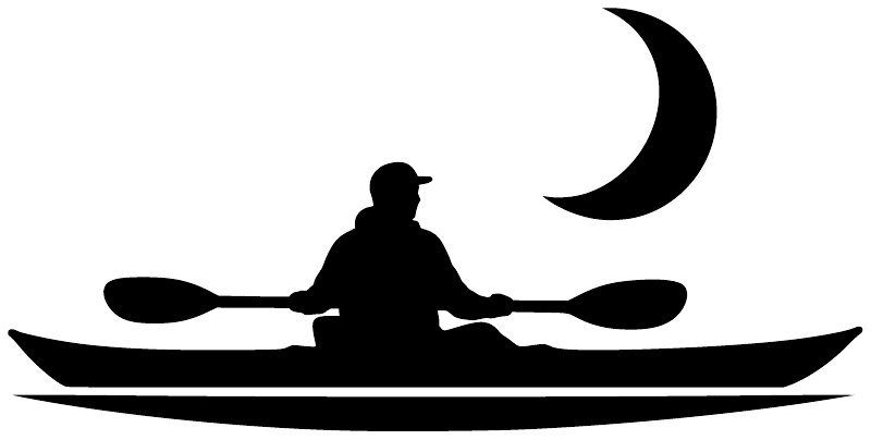 Silhouette kayak paddler vinyl decal with crescent moon graphic