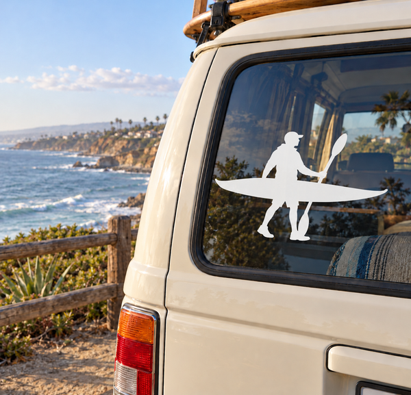 White kayak paddler silhouette vinyl decal for shoreline, on vehicle window