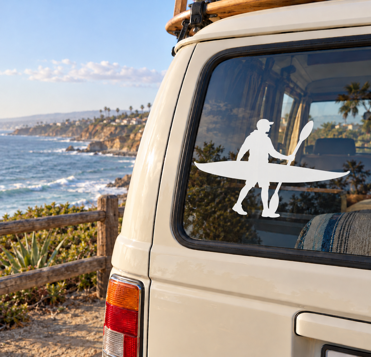 White kayak paddler silhouette vinyl decal for shoreline, on vehicle window