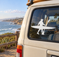 White kayak paddler silhouette vinyl decal for shoreline, on vehicle window