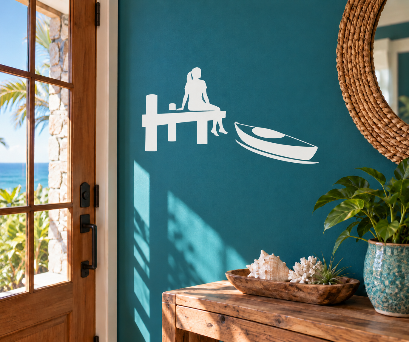 Kayak dockside pause vinyl decal, light blue figure at dock with kayak