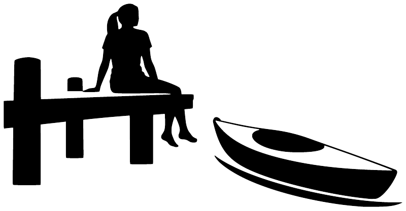 Kayak dockside pause vinyl decal, black seated dock figure with kayak