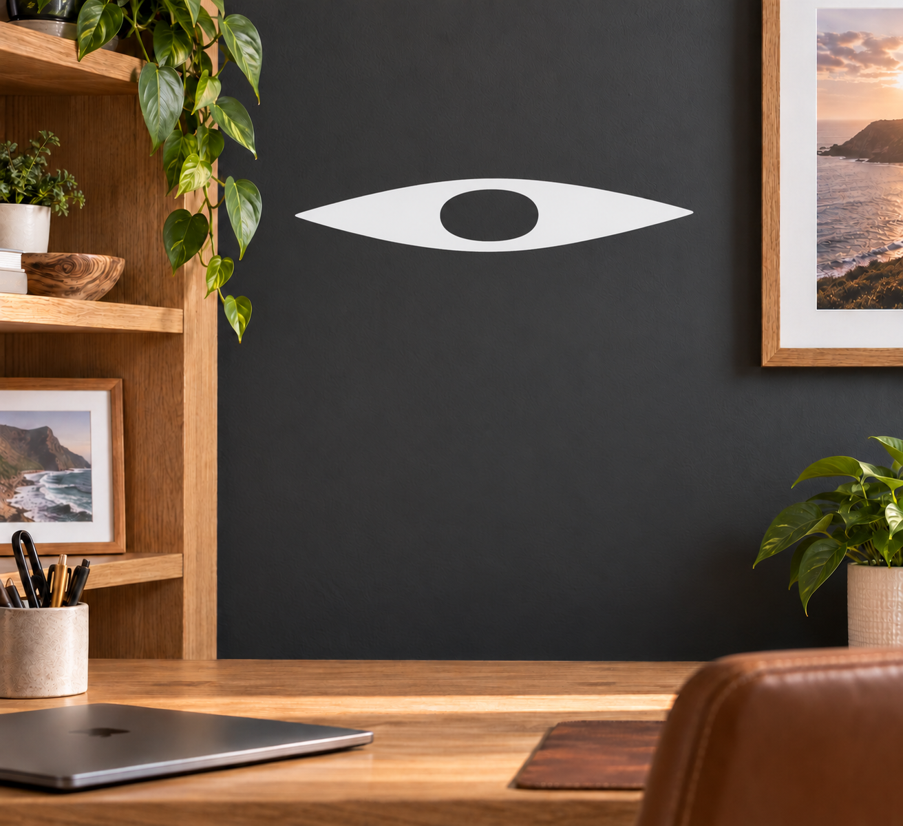 Kayak deck vinyl decal, eye-shaped with white center oval