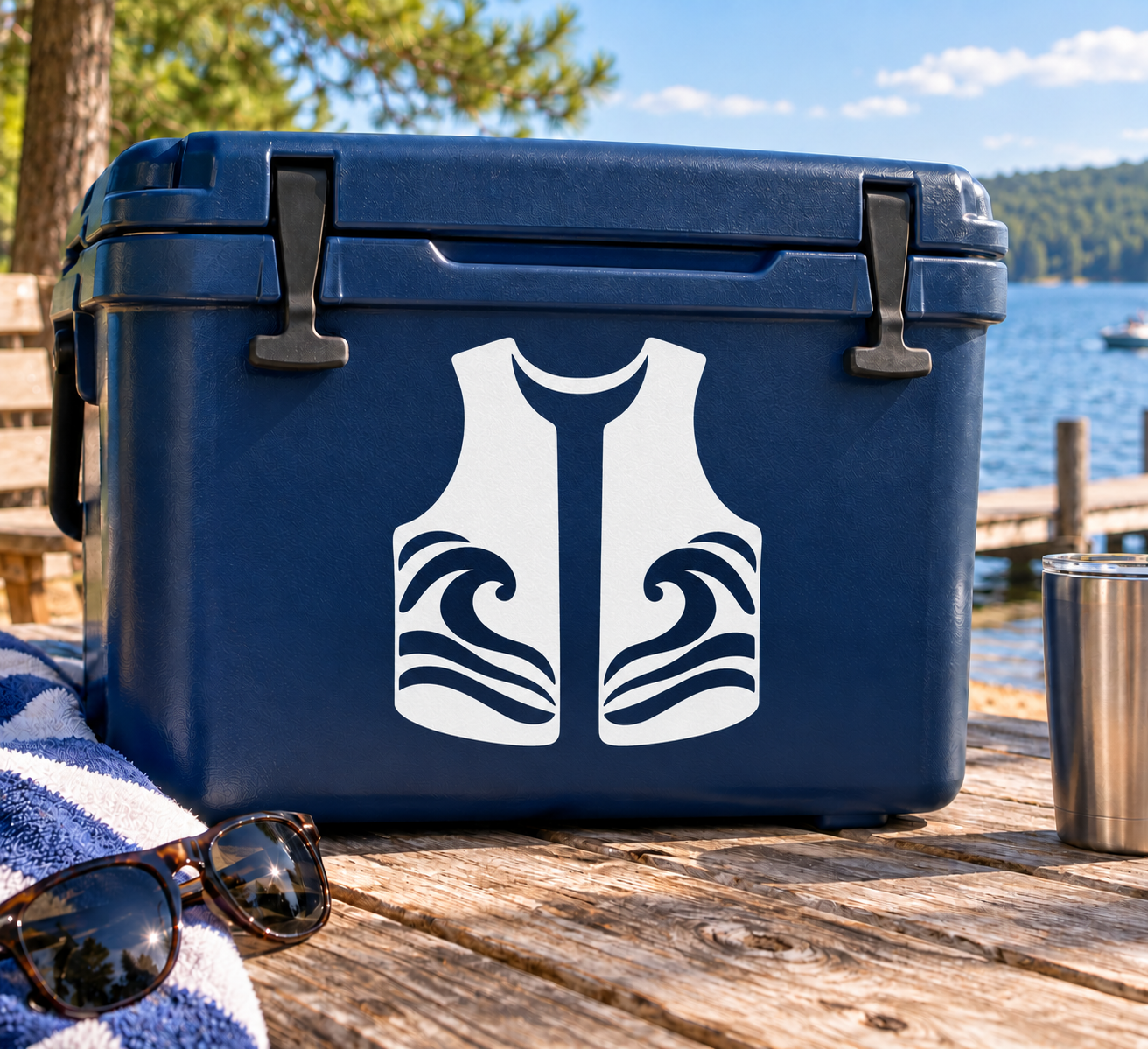 Blue cooler with white kayak vest vinyl decal featuring ocean wave swirl designs