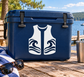 Blue cooler with white kayak vest vinyl decal featuring ocean wave swirl designs