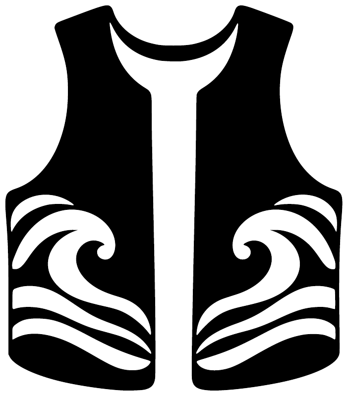 Kayak ocean wave vest vinyl decal: white life-vest icon with wave swirls on black