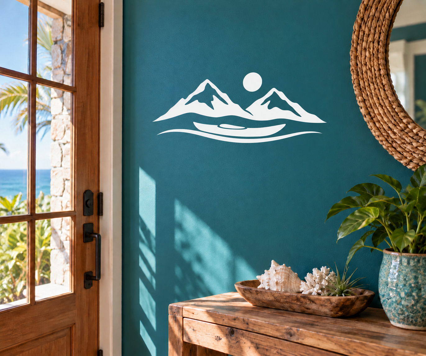 Mountain lake vinyl decal with kayak silhouette and sun circle, white graphic.