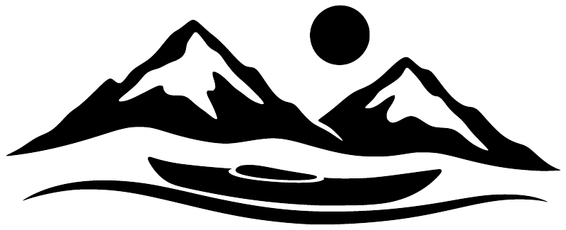 Mountain lake vinyl decal graphic with kayak and sun circle, black and white.