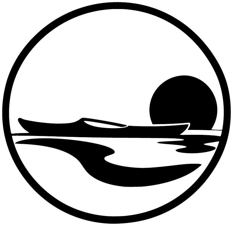 Kayak sunset circle vinyl decal close-up: black border, kayak silhouette, sun disk