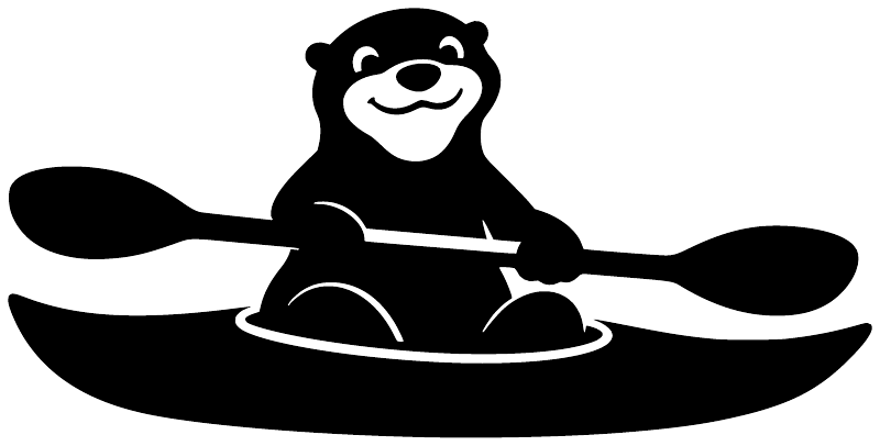 Black and white otter kayaking vinyl decal graphic, paddles outstretched