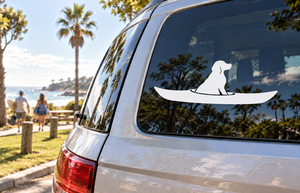 Kayak dog copilot vinyl decal with white dog silhouette on kayak board