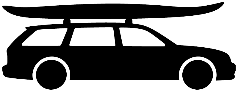 Kayak roof car vinyl decal silhouette, black background with white vehicle and kayak