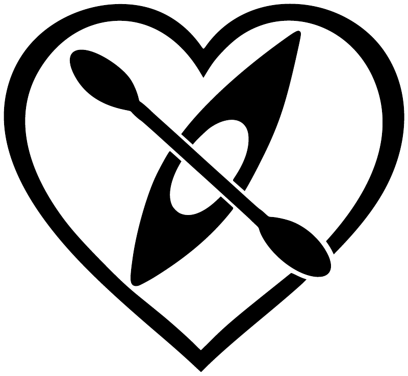 Kayak paddle heart vinyl decal, black icon with thick white heart outline