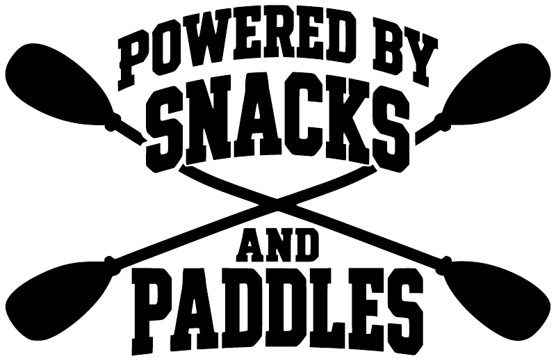 Vinyl decal text “Powered by Snacks and Paddles” in black with crossed paddle icons