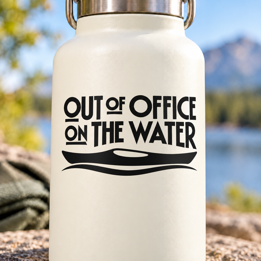 Vinyl decal with “Out of Office on the Water” text and black boat graphic