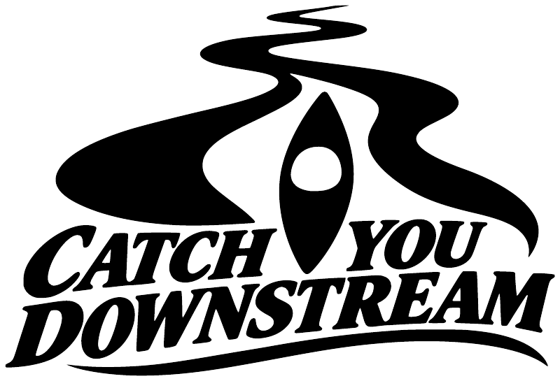 Black "Catch You Downstream" kayak decal with eye and wave icon