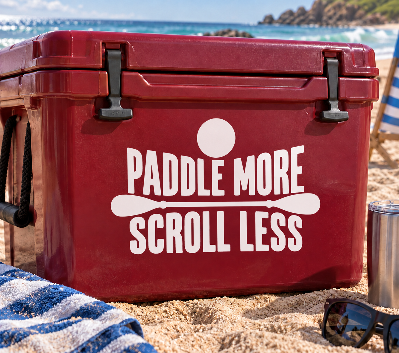 Red cooler vinyl decal: “PADDLE MORE SCROLL LESS” with paddle icon