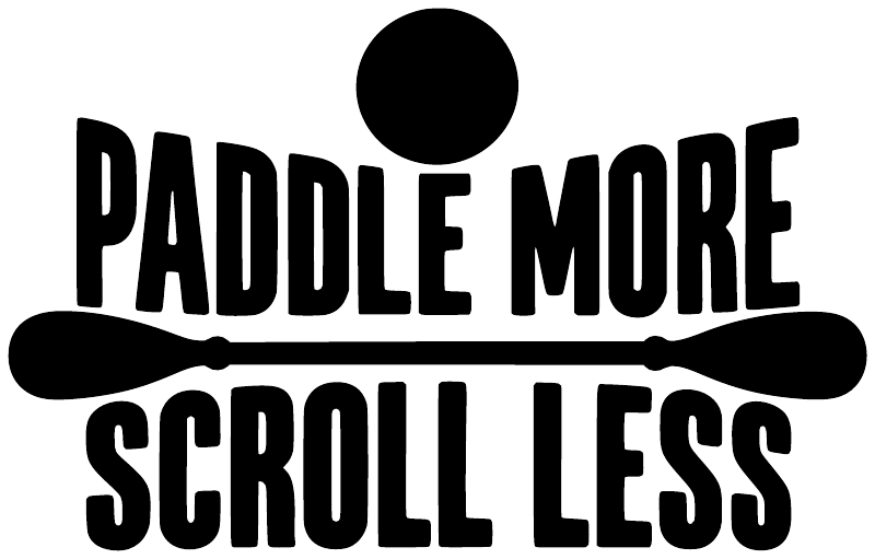 Black “PADDLE MORE SCROLL LESS” vinyl decal with paddle and circle icons