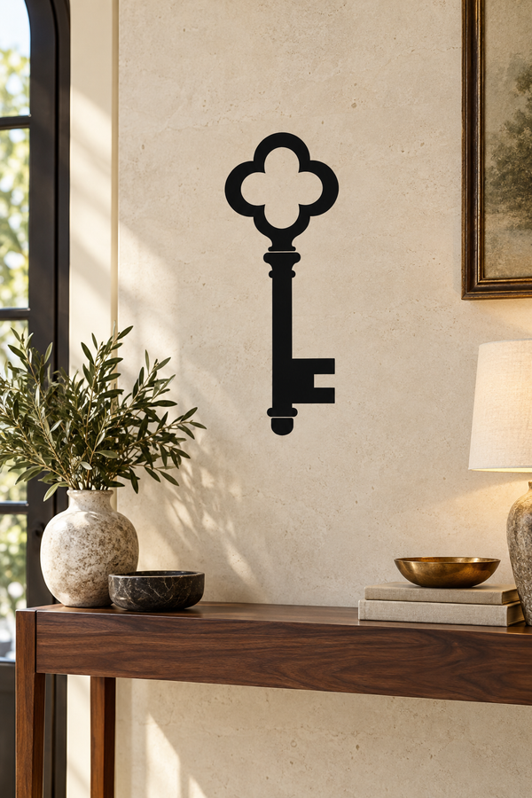 Black skeleton key vinyl decal with clover-shaped bow