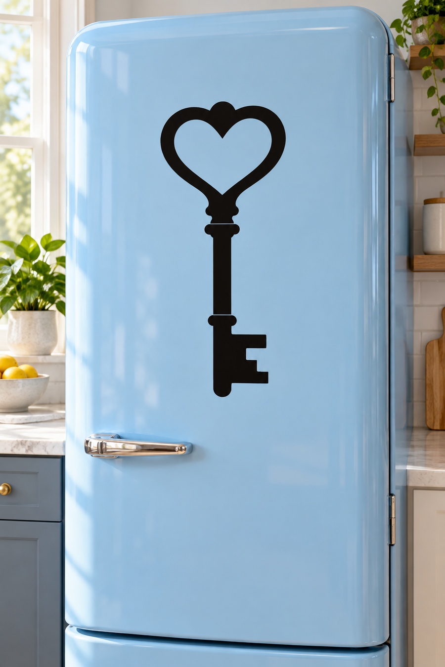 Black heart-key vinyl decal, heart bow over key silhouette