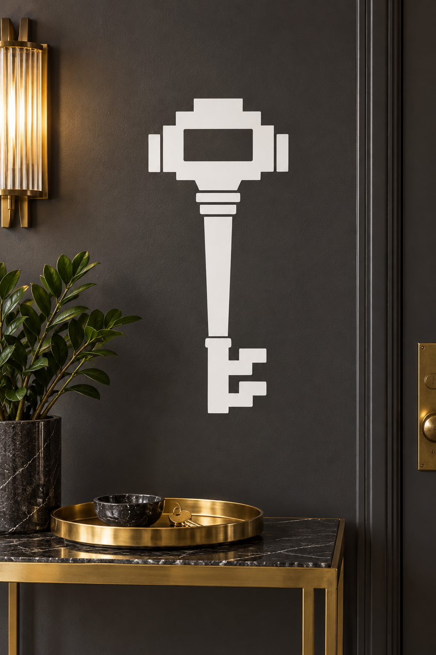 Art deco style hotel key vinyl decal, white on dark surface