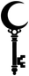 Black crescent moon and ornate key vinyl wall decal, isolated on light background