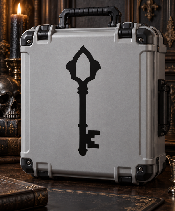 Gothic black key vinyl decal with pointed arch head and ornate bow, centered on a case