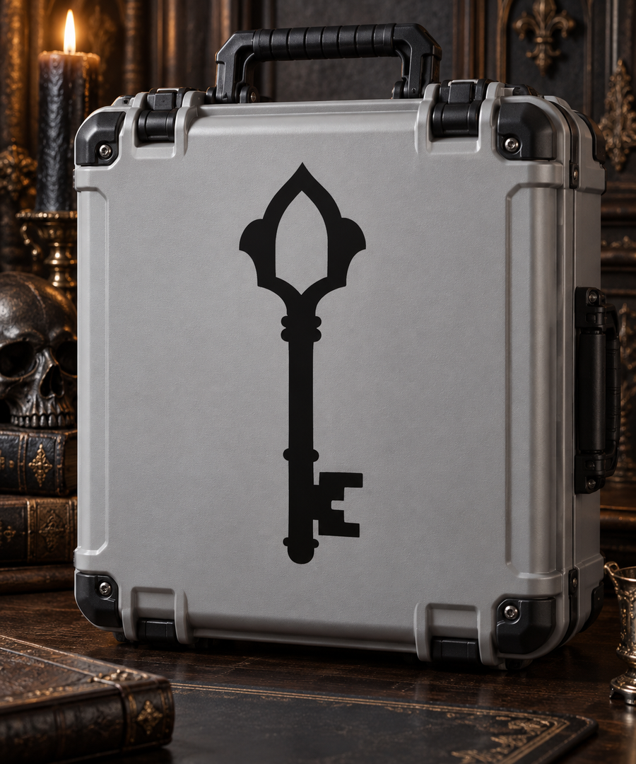 Gothic black key vinyl decal with pointed arch head and ornate bow, centered on a case