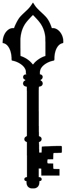 Black gothic key vinyl decal silhouette with pointed arch head on a white background