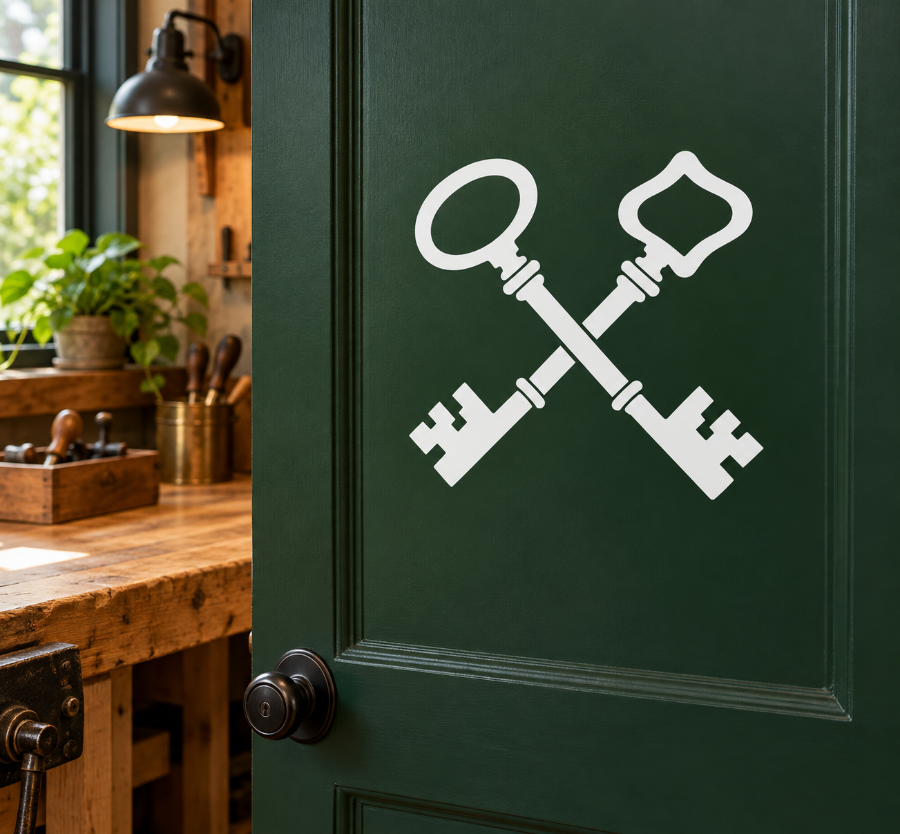 Twin vintage keys vinyl decal with white crossed keys on green door panel