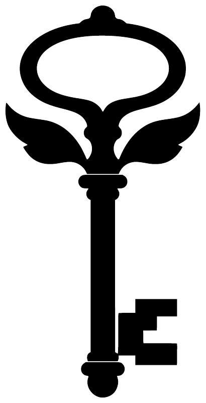 Close-up vinyl key decal, black winged key outline with small pixel key