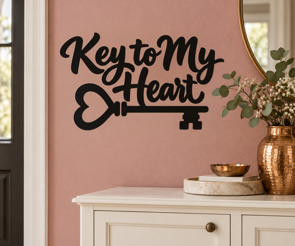 Black vinyl decal reading Key to My Heart with heart and key icons