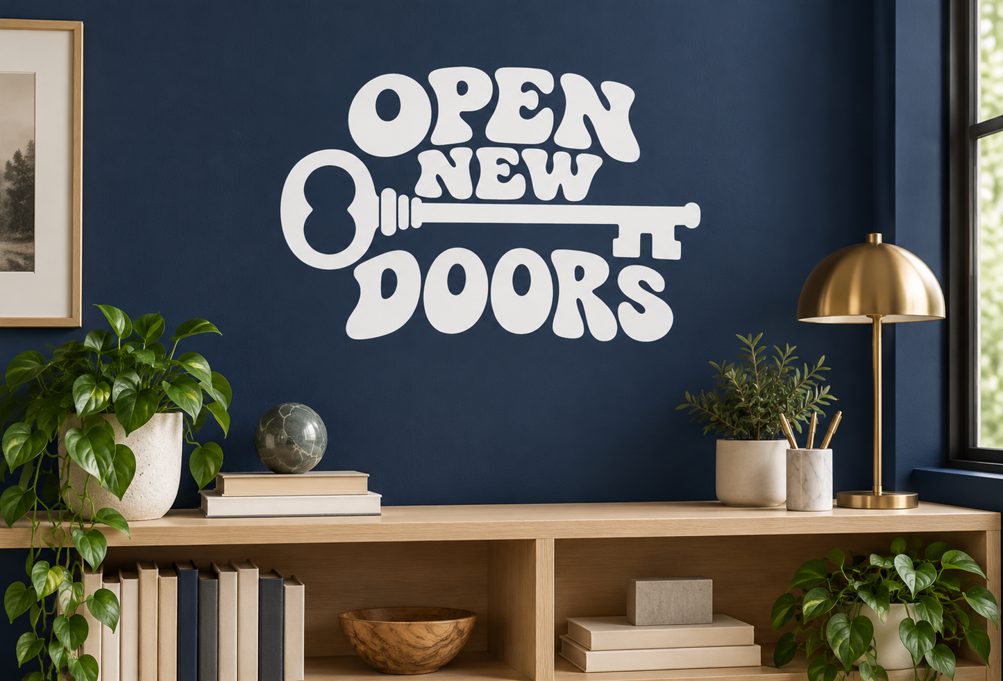 White vinyl wall decal reading "OPEN NEW DOORS"