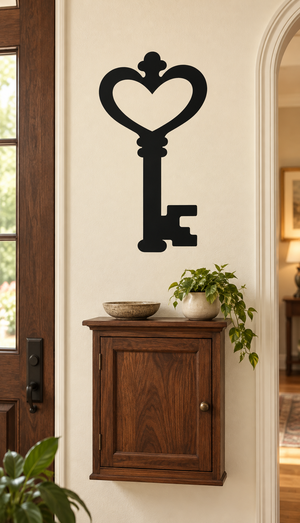 Heart key vinyl decal with antique-style key and heart ornament, black silhouette