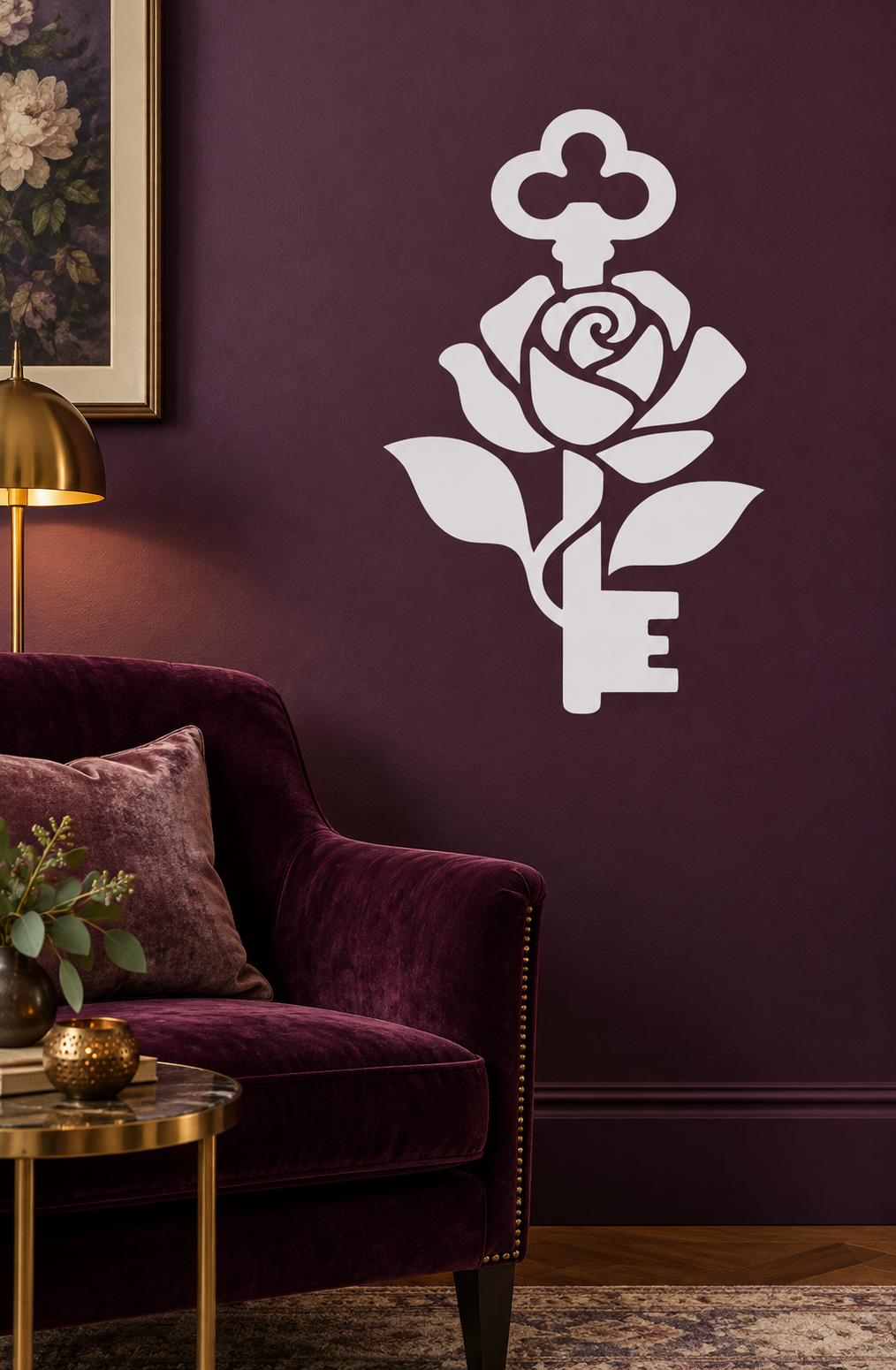 White vinyl rose decal with key shape and clover-like top for wall