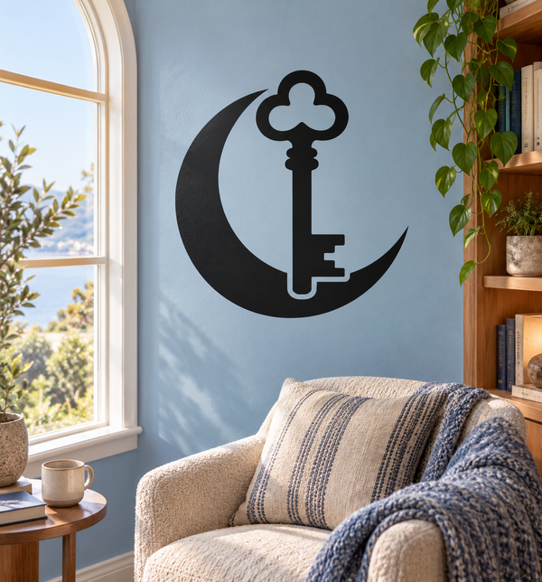 Black vinyl decal of crescent moon with key and flower-shaped charm on wall