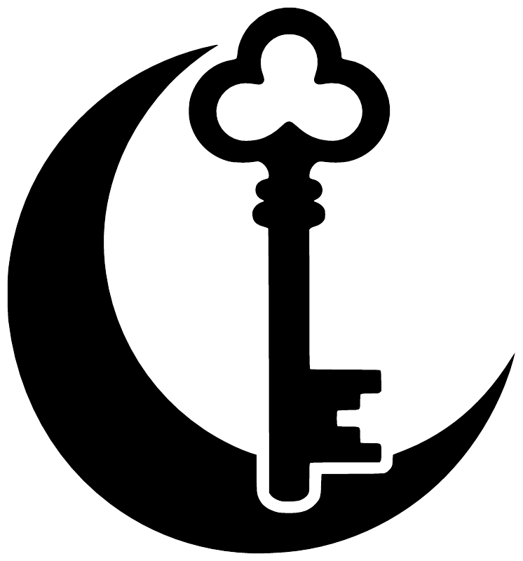 Close-up black vinyl decal: crescent moon behind key with flower charm