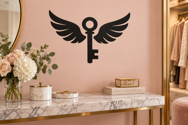 Wings key vinyl decal, black key silhouette with feathered wings on a wall