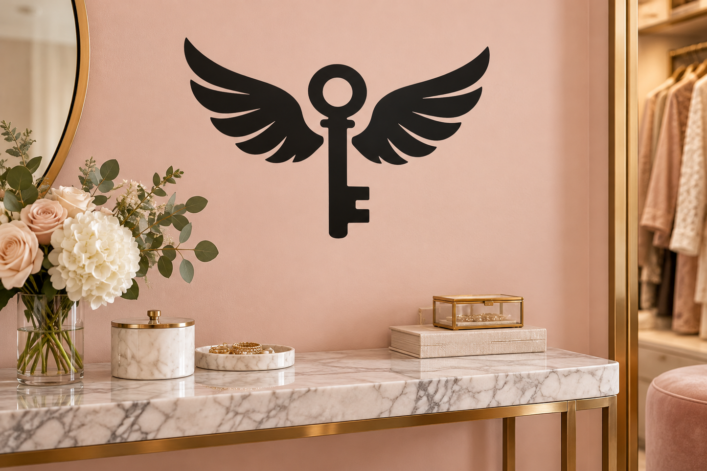 Wings key vinyl decal, black key silhouette with feathered wings on a wall
