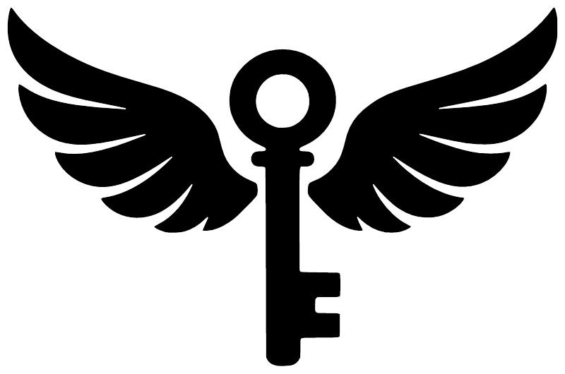 Wings key vinyl decal close-up, black key silhouette with circular head and feathered wings