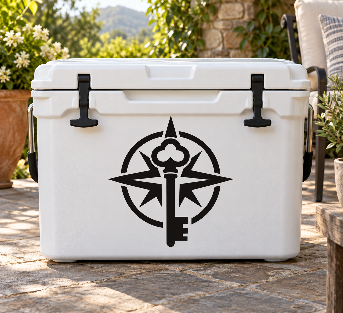 Black key and compass vinyl decal on a white cooler lid