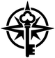 Black key and compass vinyl decal emblem, close-up on white background