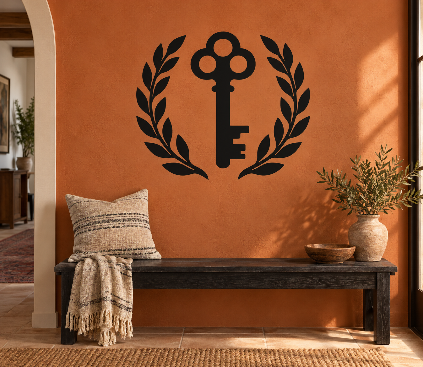 Black key and open laurel vinyl decal with wreath and key silhouette