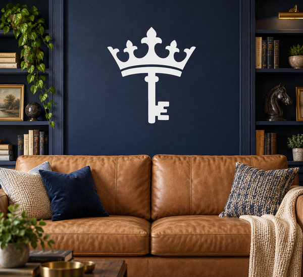 White crown and key vinyl decal with ornate flourish, wall-ready