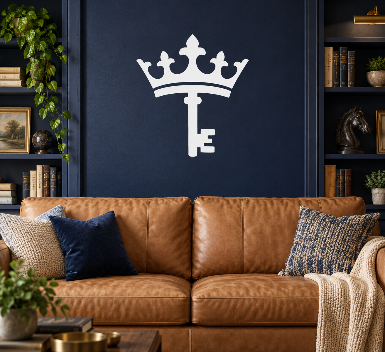 White crown and key vinyl decal with ornate flourish, wall-ready