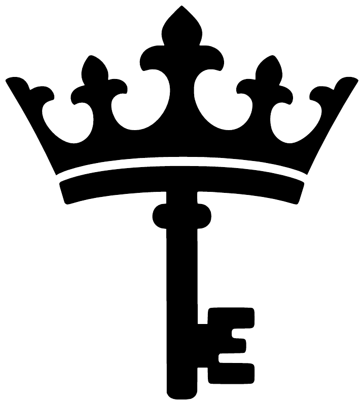 Black crown and key vinyl decal with ornate fleur shapes, sticker style